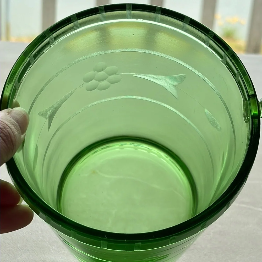 Vintage Uranium Green Depression Glass Ice Bucket with Floral Design